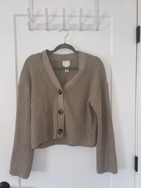 H&M Ribbed V-Neck Button Cardigan - Taupe